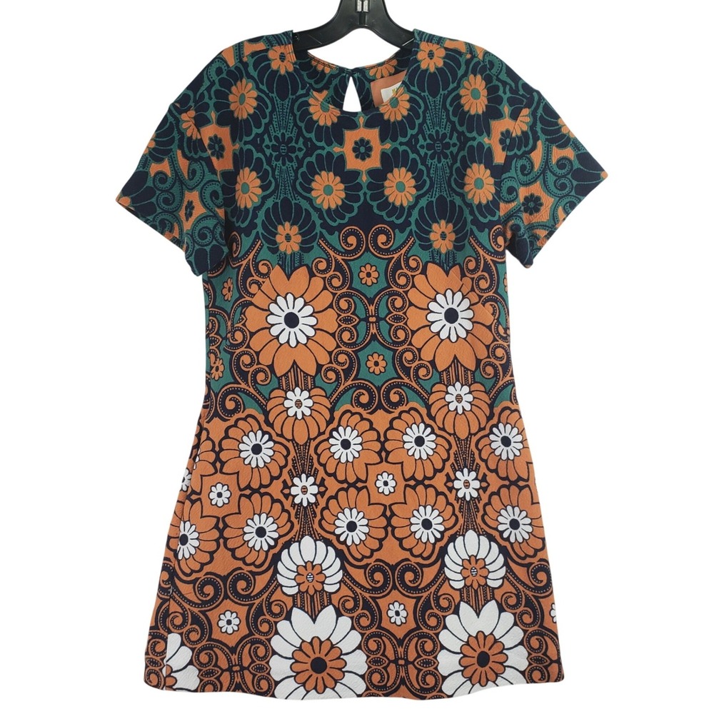 Maeve Anthropologie Shift Dress Womens Medium Orange Teal Floral Retro Mod 70s